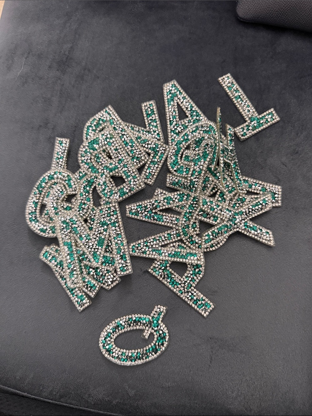Green and Silver Crystal Iron on Letters